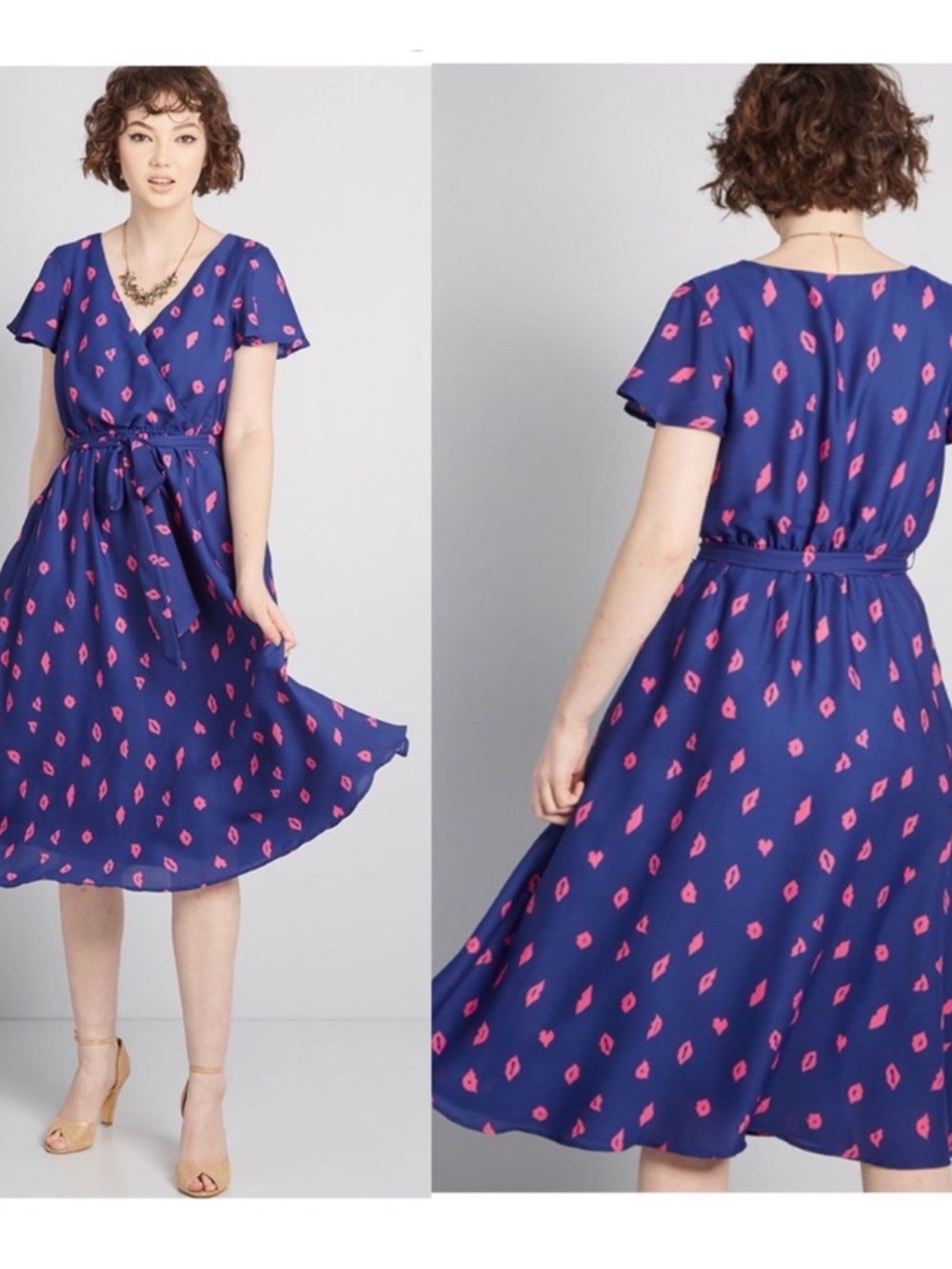 ModCloth Navy Dress with Pink Print - Wrap Short Sleeve Midi